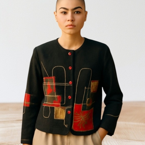 Vintage Jackets & Blazers - Vtg 90s patchwork bohemian indie Embellished black unique blazer sz L